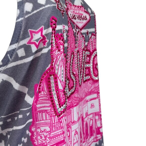 YMF Tank Top Womens M Gray Pink Las Vegas Graphic Glitter Racerback 100% Polyest - Picture 4 of 6